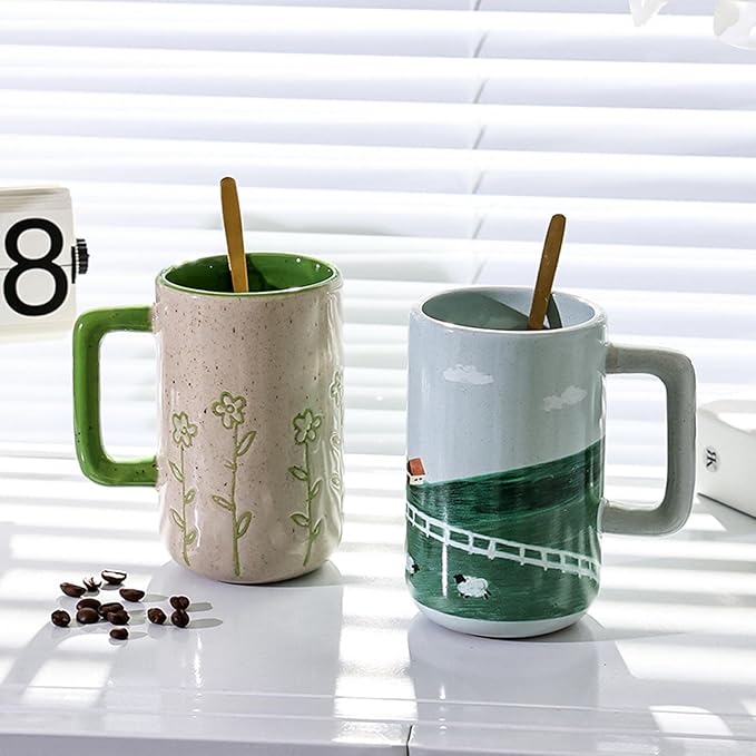 Mugs,coffee mug,17 Oz Large Ceramic Coffee Mug,Big Handmade Relief Pottery Tea Cup for Office and Home,Big Handle Easy to Hold,Microwave and Dishwasher Safe,Stylish Texture Glaze Beige-500ml ( Color :