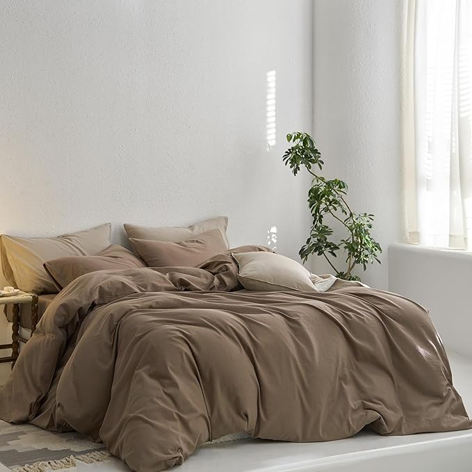 MooMee King Duvet Cover Set, 100% Washed Cotton Linen Like Twill Thick Sturdy Material Super Soft Breathable Durable Bedding for All Season, 3 Pieces (Bombay Brown, King 104"x90")