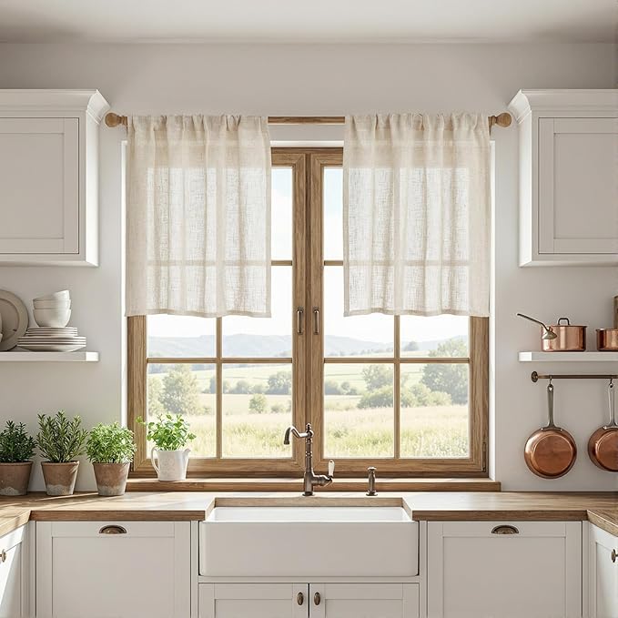 MYSKY HOME Linen Curtains 30 Inch Length for Kitchen Window, Semi Sheer Light Filtering Cafe Curtain Tiers Rod Pocket Short Country Decor Drapes for Basement/Small Window, Linen, 2 Panels, 34 x 30 in