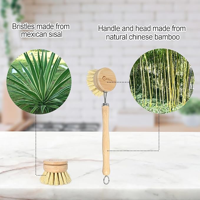 Bamboo Dish Brush with Handle - Soft Bristle, Non Toxic Vegetable Brush Scrubber for Food Compostable & Sustainable Kitchen Scrub Brush for Dishes, Pots and Pans