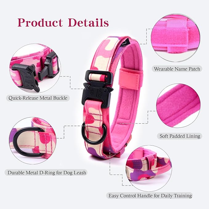 Tactical Dog Collar and Leash Set Adjustable Military Nylon Dog Collar with Control Handle and Heavy Duty Metal Buckle for Large Dogs（Pink Camo XL