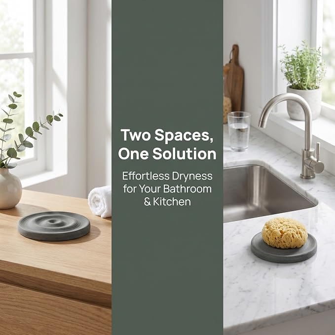 3pcs Diatomite Stone Round Soap Dish & Tray - 4'' Water Absorbing Soap Holder for Bathroom Kitchen Sink, Quick Dry Sponge Holder, Grey