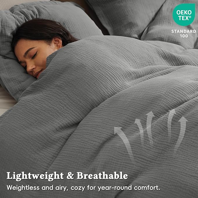David's Home 100% Cotton Muslin Duvet Cover Set King Size,3 Pcs Ultra Soft Breathable & Lightweight Gauze Bedding Set with 2 Pillowcases,Textured Home Decor with Button,104"×90" Dark Grey,No Insert
