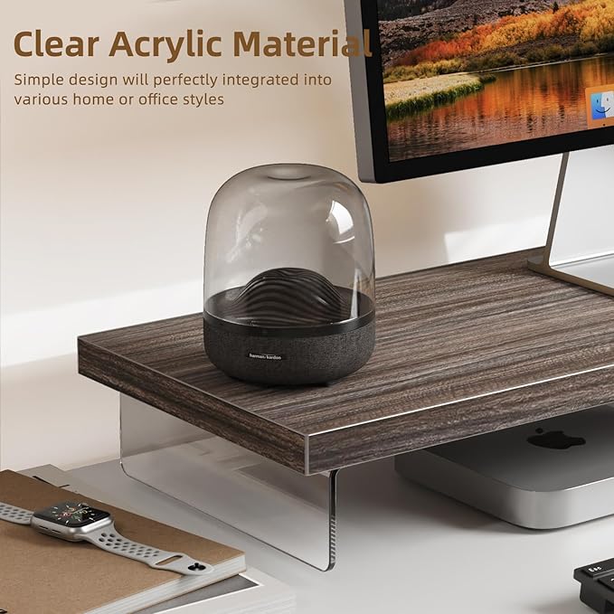 Monitor Stand Riser, Wood & Acrylic Computer Monitor Stand Desk Desktop Organizer Table for Home, Office Workspace, Laptop Riser, Printer, PC & TV Screen Riser