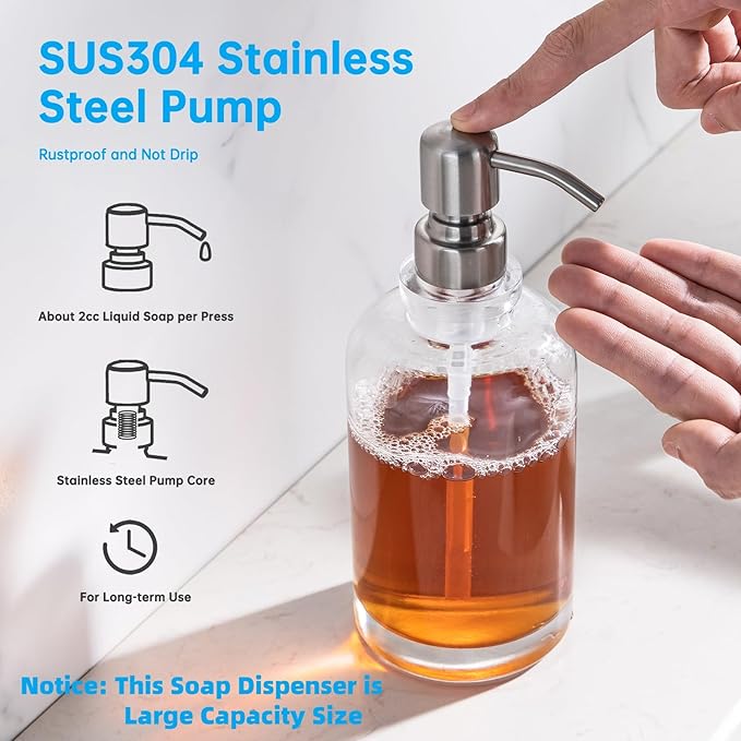 Glass Soap Dispenser Clear with Brushed Nickel Pump, 16.9 OZ Liquid Soap Dispenser Cylindrical with Stainless Steel Pump for Dish Hand Soap Bathroom Kitchen Vanity Countertop