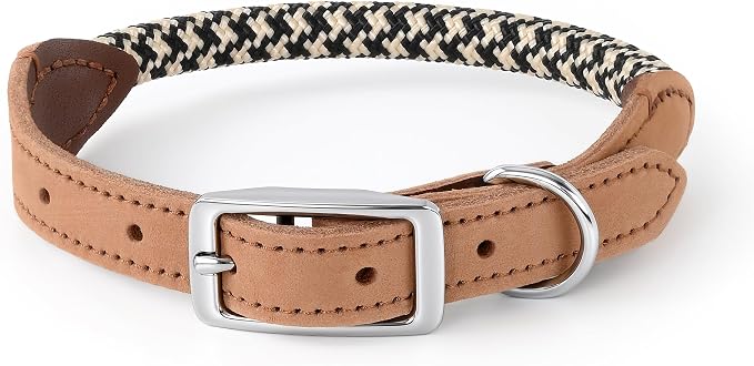 Mile High Life Genuine Leather Dog Collar, Durable Braided Cotton Rope Collar with Metal Pin Buckle for Small Medium Large Dogs (Black Khaki, M Neck 15"-18")