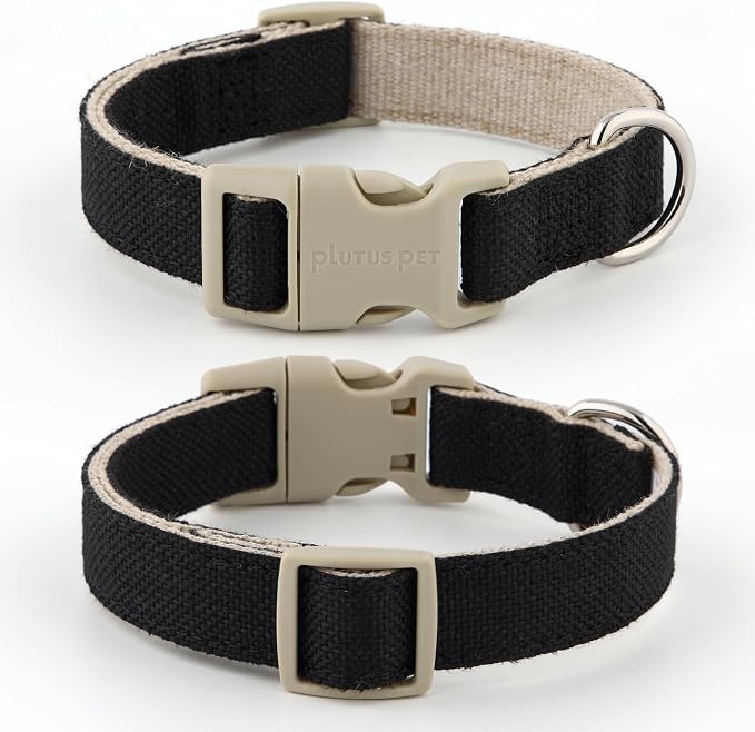 Plutus Pet Cotton Hemp Dog Collar and Leash Set, Adjustable Collar for Small, Medium, and Large Dogs, Heavy Duty and Soft on Skin, Black, S