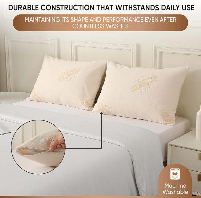 2-Pack Deluxe Waterproof Organic Cotton Pillow Protectors - Standard - Premium Organic Cotton, Zippered Encasement, Soft Knit Fabric, Thick 280 GSM Cotton