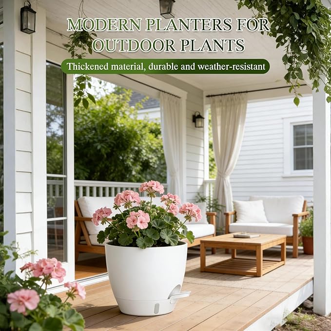 Self Watering Pots with Drainage Holes, 2 Pack 8 Inch Plant Pots with Water Level Indicator Deep Reservoir, Large Plastic Planter for Indoor Outdoor Plants - White