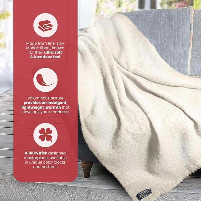 Biddy Murphy Ultra Soft Irish Mohair & Wool Throw Blanket, Made in Ireland, 54"x72", White