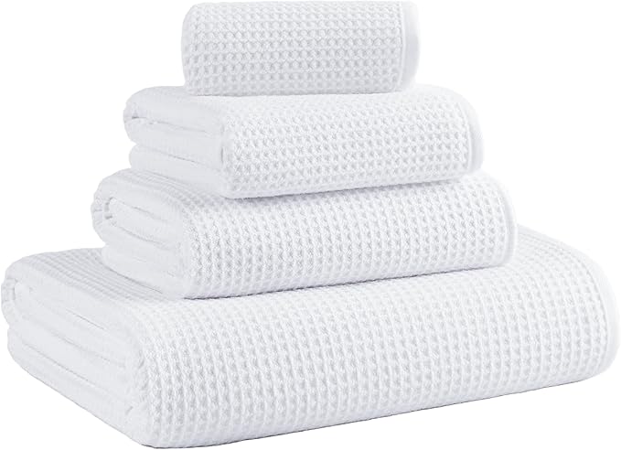 MICROFI Waffle Weave Bath Towel Set, Microfiber, 4 Pieces (Body/Hair/Hand/Face), Quick Dry, Lightweight, Super Absorbent, Lint Free, 380 GSM (White)