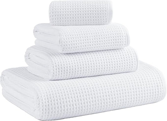 MICROFI Waffle Weave Bath Towel Set, Microfiber, 4 Pieces (Body/Hair/Hand/Face), Quick Dry, Lightweight, Super Absorbent, Lint Free, 380 GSM (White)