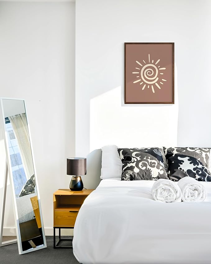 Abstract Spiral Sun Wall Art Swirl Sunburst Print Earth Tones Terracotta Tan Mid Century Modern 16x20 Inch Oak Wood Walnut Framed Tribal Boho Decor for Living Room