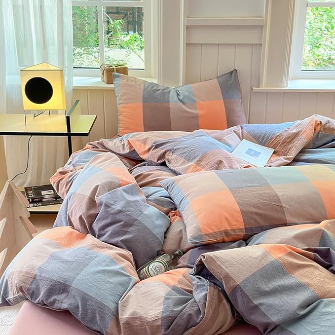 FACE TWO FACE Bedding Duvet Cover Set100% Washed Cotton Duvet Cover Linen Like Textured Breathable Durable Soft Comfy (Twin, Cookie Powder Grid)