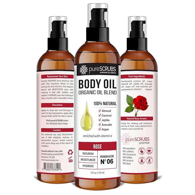 pureSCRUBS Ultra Moisturizing Rose Body Oil for Dry Skin, 4 oz | Luxurious After Shower Body Oil for Soft, Silky, Glowing Skin, Non-Greasy, Fast Absorbing & Hydrating Formula with Vitamin E
