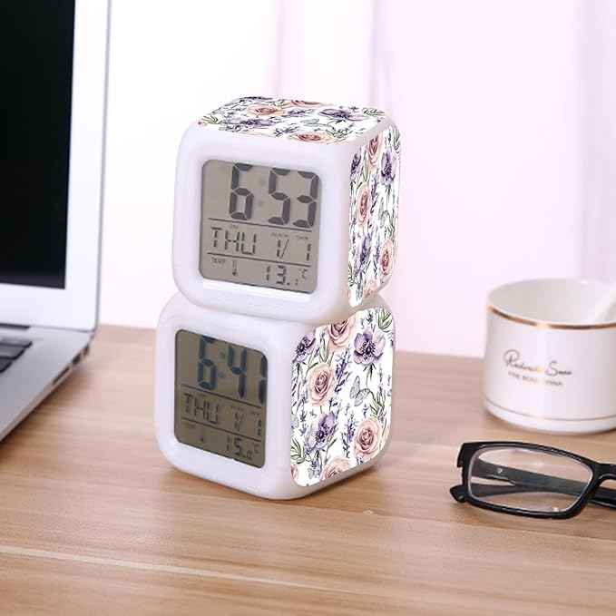Digital Alarm Clock,Lavender Roses and Butterfly 7 Color Change LED Digital Alarm Clock with Date Thermometer for Toddlers,Girls and Boys
