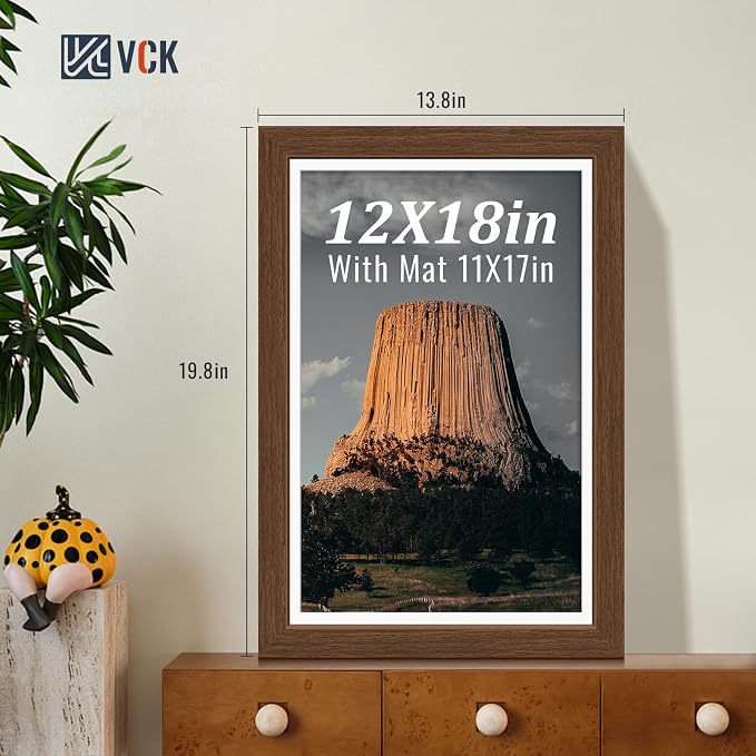 VCK 12x18 Picture Frames Brown 3 Pack, Wide Border Wood, Tempered Glass, Display 11x17 Photo with Mat or 12 x 18 without, for Home, Office, Gallery, Woodgrain Series, Wall Hanging