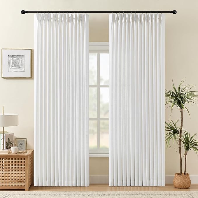 IVAPUPU Pinch Pleated Linen Curtains Extra Wide 70 x 84 Inches Long for Living Room, Farmhouse Sheer Curtain Light Filtering Drapes Memory Trained Ceiling Curtain with Hooks, Snow White, 1 Panel