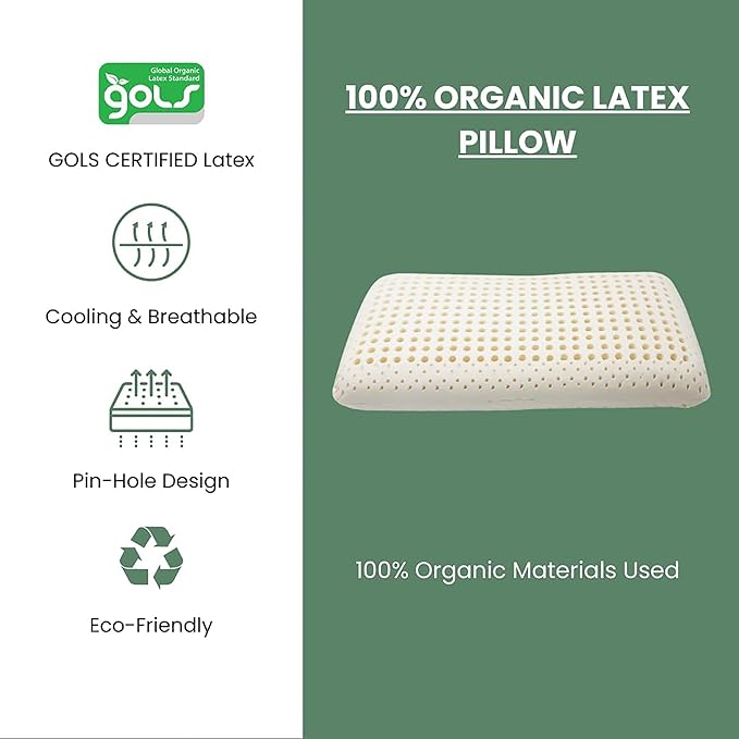ORGANIC TEXTILES Dunlop Medium Firm Latex Bed Pillow with Organic Cotton Cover - GOTS and GOLS Certified (Standard) - Pack of 1