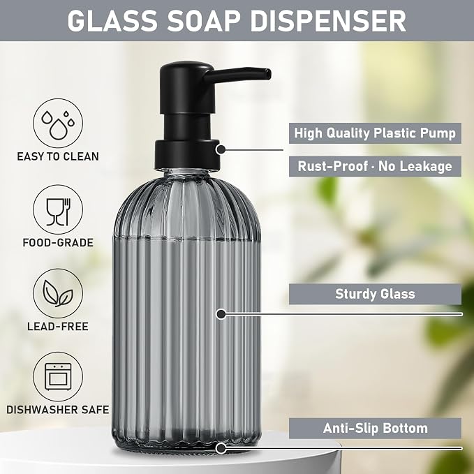Kitchen Soap Dispenser Set, 14.4 oz/425 ml Hand and Dish Soap Dispenser Set, Dish Soap Dispenser with Sponge Holder & Diatomite Tray, for Countertop Organizer, Black