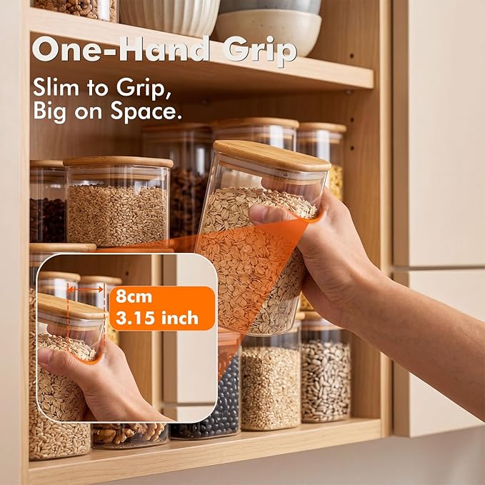 6-Pack 1.2Qt Rectangle Glass Storage Jars with Bamboo Lids | Minimalist Kitchen Organizer,Pantry Storage Container,Food Storage Container,Scandinavian Style Storage,Nordic Style Storage