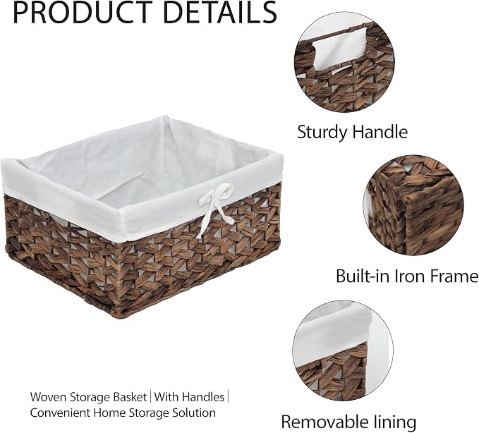 Water Hyacinth Storage Baskets Set of 3 with Metal Frame & Removable Liner, Large Medium Small Rectangular Woven Organizer Bins for Closet, Bedroom, Bathroom, Kitchen, Home Organization
