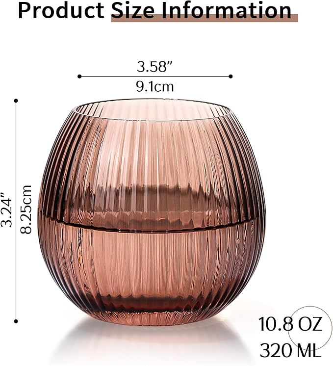 JOVGANK Venus Ribbed Drinking Glasses Set of 6-10.8 OZ Stemless Wine Champagne Whiskey Cocktail Glass, Reusable Wine Cups for Home Party Wedding Bar