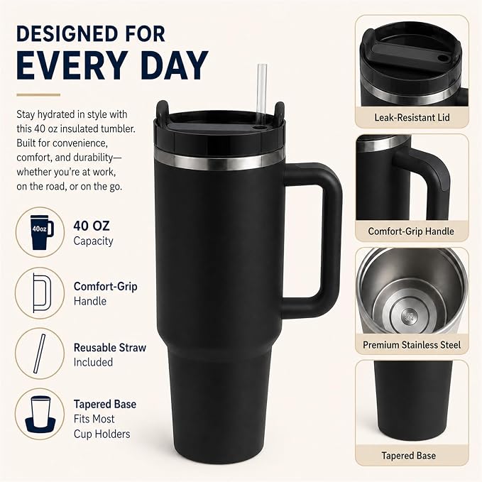 Pandance 4 Pack 40 oz Tumbler with Handle and Straw Bulk, Neutral Mix | Stainless Steel Vacuum Insulated Travel Mug, Sturdy Screw-on lid, Cup Holder Friendly, Large Capacity Cup For Iced Coffee