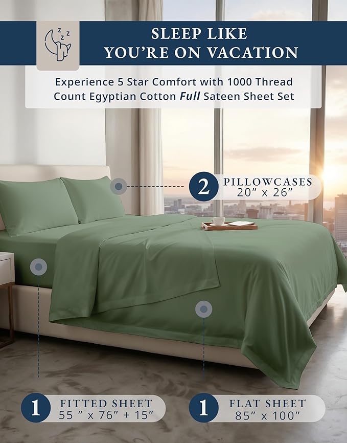LANE LINEN 100% Egyptian Cotton Bed Sheets - 1000 Thread Count, 4PC Full Sheets Set, Long Staple Bedding Sheets, Sateen Weave, Luxury Hotel Sheets, Fits Upto 15" Mattress - Iceberg Green