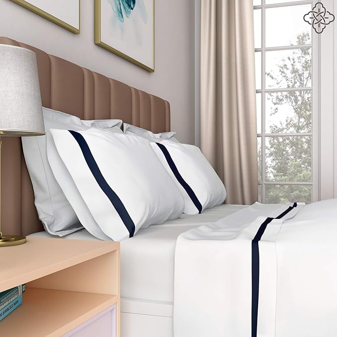 BIOWEAVES 100% Organic Cotton Banded Sheets Soft & Silky Sateen Weaves 4-Piece GOTS Certified Bed Sheet Set Fits Mattress Upto 17" Deep Pocket (King, White & Navy Blue)