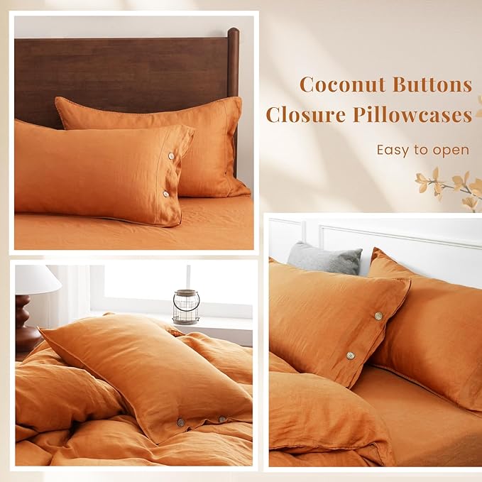 S VICTORY SYMBOL 100% Pure Linen Duvet Cover Set 3pcs,Natural French Washed Flax Solid Color Soft Breathable (1 Duvet Cover and 2 Pillowcases) with Coconut Buttons Closure(Full,Pumpkin)