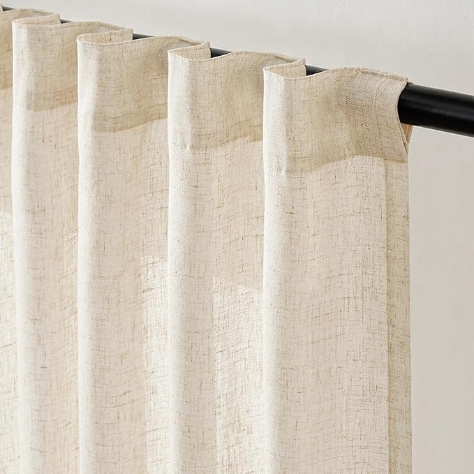 jinchan Beige Linen Blend Curtains 96 Inches Length 2 Panels Floor to Ceiling Curtains for Bedroom Living Room, Semi Sheer 50 Inches Wide Natural Farmhouse Drapes Rod Pocket Back Tab (50W x 96L, Ecru)