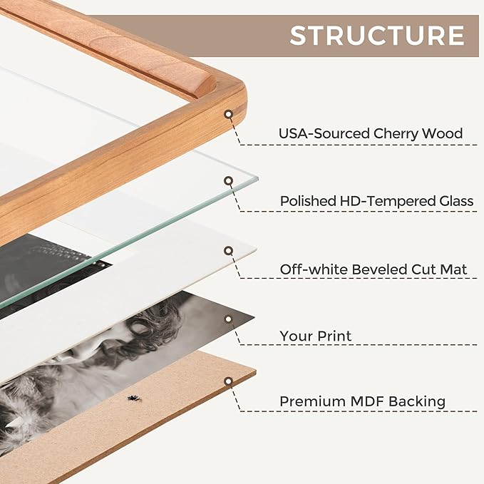 12x16 Picture Frame, USA-Sourced Cherry Wood Photo Frames with HD Tempered Glass, Handcrafted Rounded Corner 12 x 16 Wooden Frames Matted to 8.5x11 Photos, Horizontal or Vertical Wall Display