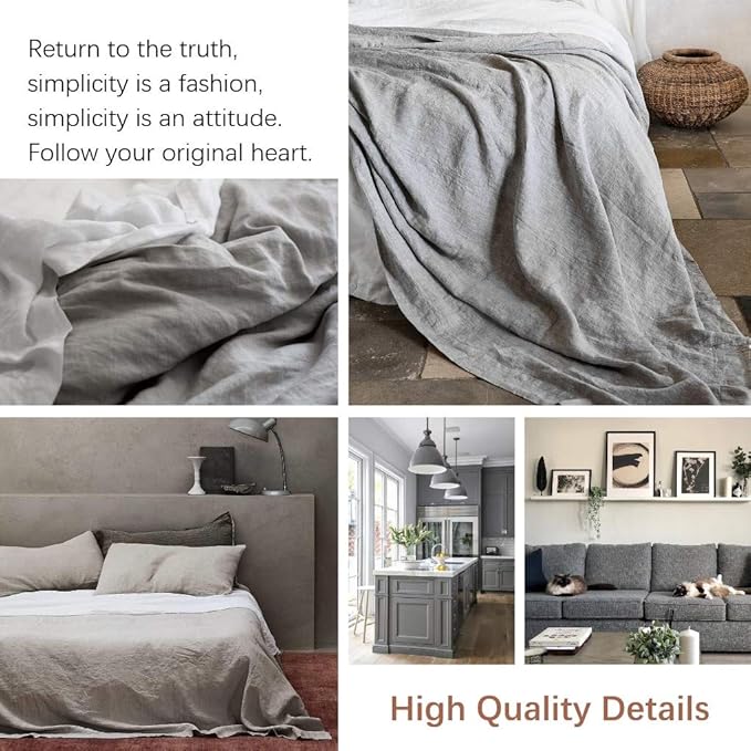 BISELINA Linen Sheet French Flax Flat Sheet Only 55% Euro Linen 45% Cotton Basic Style Solid Color Soft Breathable Farmhouse Top Sheet 1-Piece (King, Grey)