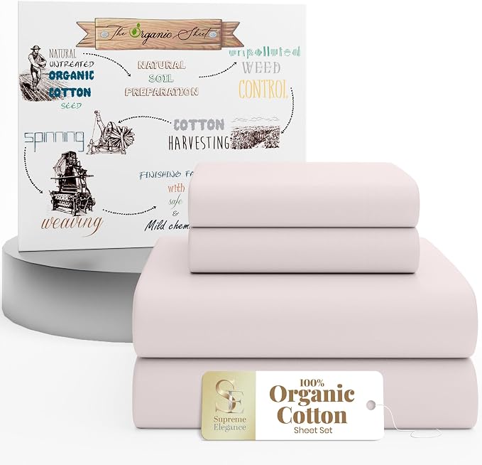 SUPREME ELEGANCE 4Pc 100% Organic Cotton Full Size Sheets Set, Blush, Cooling Percale, Deep Pocket Fitted Sheet, Fits 16" Mattresses, Breathable Bed Sheets & Pillowcases, Crisp Bedding
