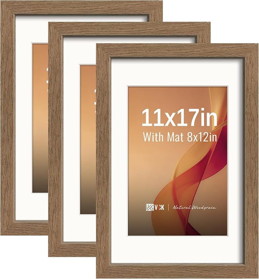 VCK 11x17 Poster Frames Walnut 3 Pack, Wide Border Wood, Tempered Glass, Display 8x12 Picture Photo with Mat or 11 x 17 Without, for Home, Office, Gallery, Woodgrain Series, Wall Hanging