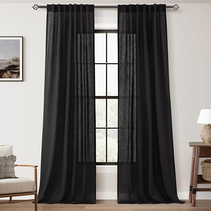 Black Linen Curtains 90 Inches Long for Bedroom Back Tab Light Filtering Privacy Semi Sheer Curtains Living Room Boho Rustic Farmhouse Cotton Textured Gauze Curtain 2 Panel Set 52x90