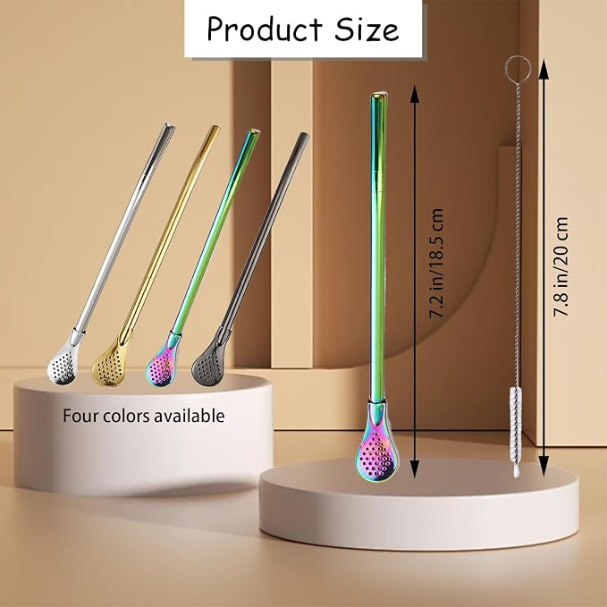 2 Pieces Stainless Steel Straw Spoon Filter with 2 Cleaning Brush, Reusable Tea Spoon for Loose Tea, Yerba Mate Straw, Metal Drinking Straws, Coffee Stirrers for Drinks Milk Beverage (Black)
