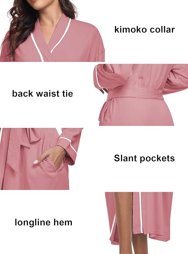 COLORFULLEAF 100% Cotton Women's Robes Summer Lightweight Kimono Soft Long Cotton Bathrobe for Women with Pockets