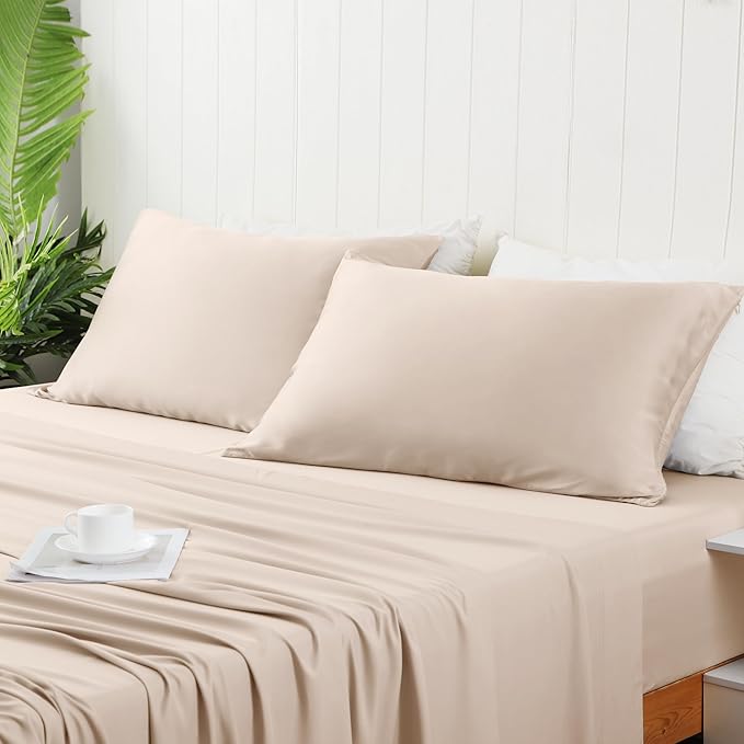 2 Pack Cooling Pillow Cases,Viscose Derived from Bamboo Pillow Protectors King Size Set of 2, 400 Thread Count Soft Silky Breathable Summer Pillow Cover with Zipper Hidden (2PCS, King, Beige)