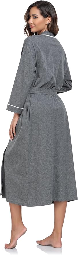 COLORFULLEAF 100% Cotton Women's Robes Summer Lightweight Kimono Soft Long Cotton Bathrobe for Women with Pockets