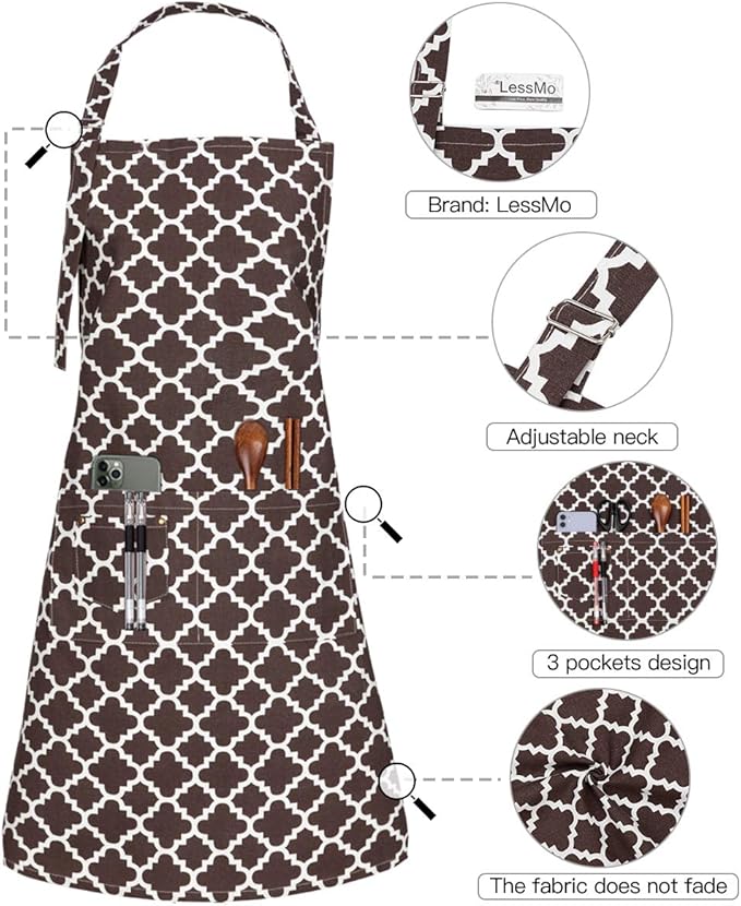 LessMo Kitchen Cooking Aprons with 3 Pockets for Men Women - Cotton Adjustable Professional Grade Chef Apron for Kitchen, BBQ & Grill (Coffee)