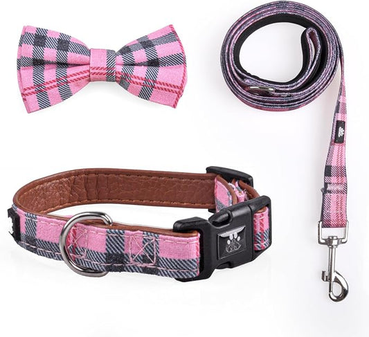 IVY&LANE Dog Collar with Bowtie and Leash Set | Plaid Adjustable Dog Collar | Detachable Bow Tie |5 FT Dog Leash | for Small Medium Large Dogs | Checkered Pink | Large