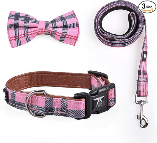 IVY&LANE Dog Collar with Bowtie and Leash Set | Plaid Adjustable Dog Collar | Detachable Bow Tie |5 FT Dog Leash | for Small Medium Large Dogs | Checkered Pink | Medium