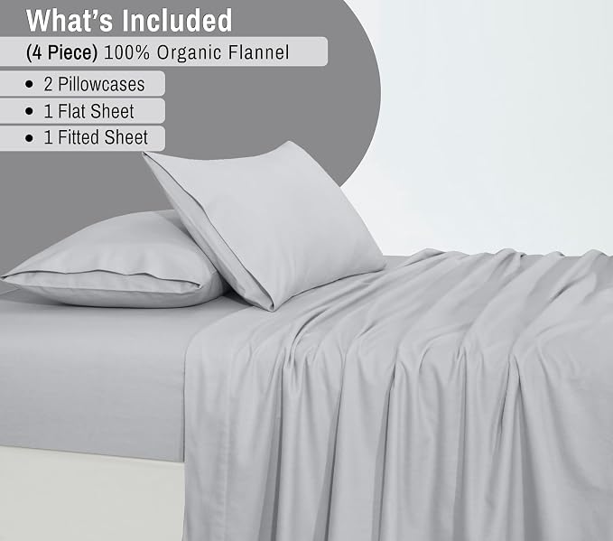 RUVANTI Flannel Sheets Full Size - GOTS Certified 100% Organic Cotton, 4 Piece Warm, Soft & Breathable Set, Deep Pocket Snug Fit, Double Brushed Cozy All Season Bedding, Light Grey