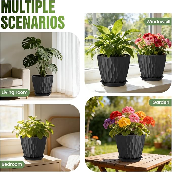 8 Inch Plant Pots 4 Pack Plastic Planters with Drainage & Saucers | 8 inch 4 pack plastic plant pots with 3D water ripple texture, drainage holes and saucers for indoor outdoor plants