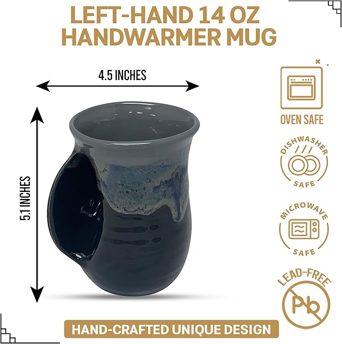 Clay in Motion Hand Warmer Coffee Mug – Handmade Coffee Mug With Comfortable Handle Contoured Pocket Hand Warming Ceramic Coffee Mug – Proudly Made in USA – Left Handed – 14 Oz - Stormy Night