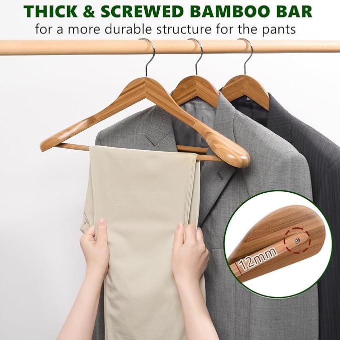 Amber Home 6 Pack Wide Shoulder Bamboo Wood Suit Coat Hangers, Wooden Clothes Hangers with Pants Bar, Heavy Duty Jacket Hangers for Dress, Pants, Heavy Clothes