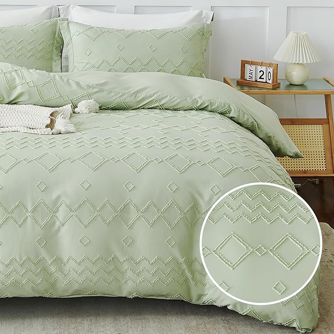 EMME Boho Duvet Cover Queen Size Sage Green - 3 Pieces Soft & Breathable Tufted Shabby Chic Embroidery Bedding for All Seasons, 1 Duvet Cover with 2 Pillow Shams & Zipper Closure (Sage Green, Queen)