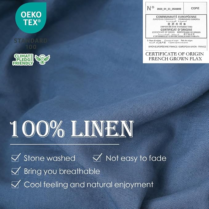 Simple&Opulence 100% Linen Duvet Cover Set 2pcs Basic Style Natural French Washed Flax Solid Color Soft Breathable Farmhouse Bedding with Button Closure - Classic Blue, Twin
